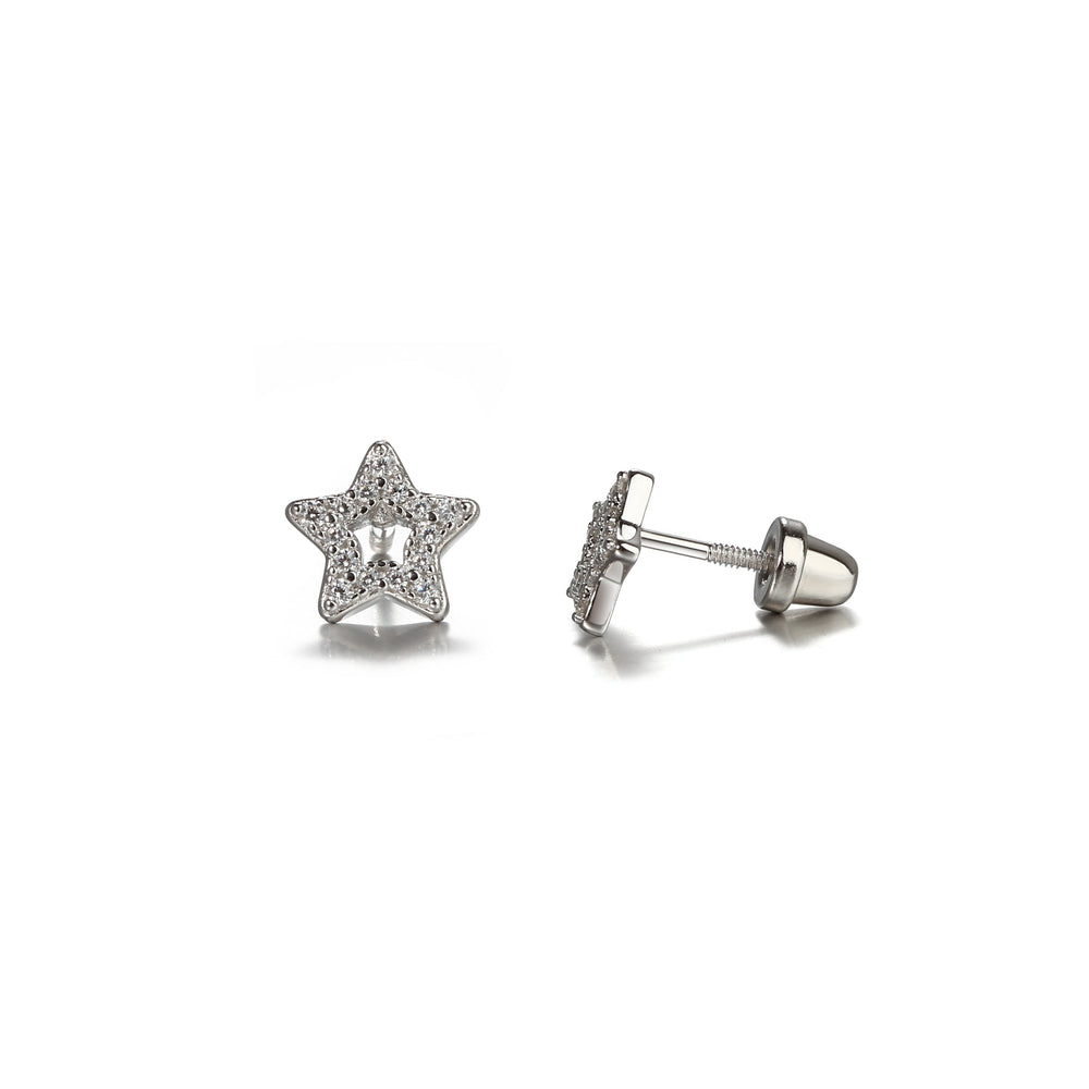 Sterling Silver Kid's Hollow Star CZ Screw-Back Earrings