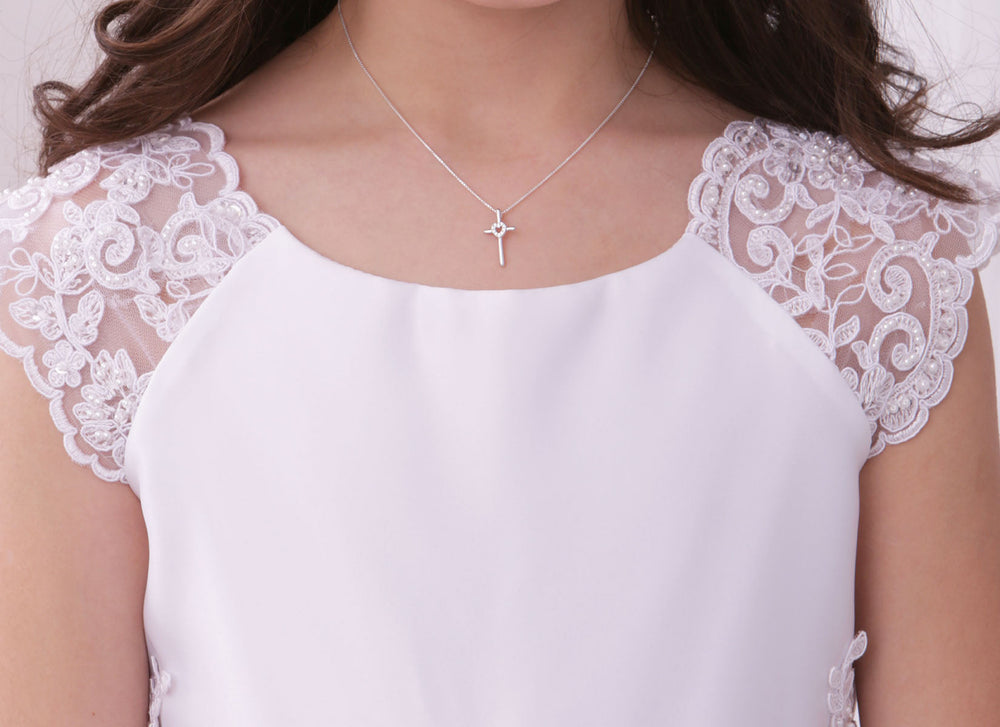 Sterling Silver Children's Cross Necklace with CZ Heart