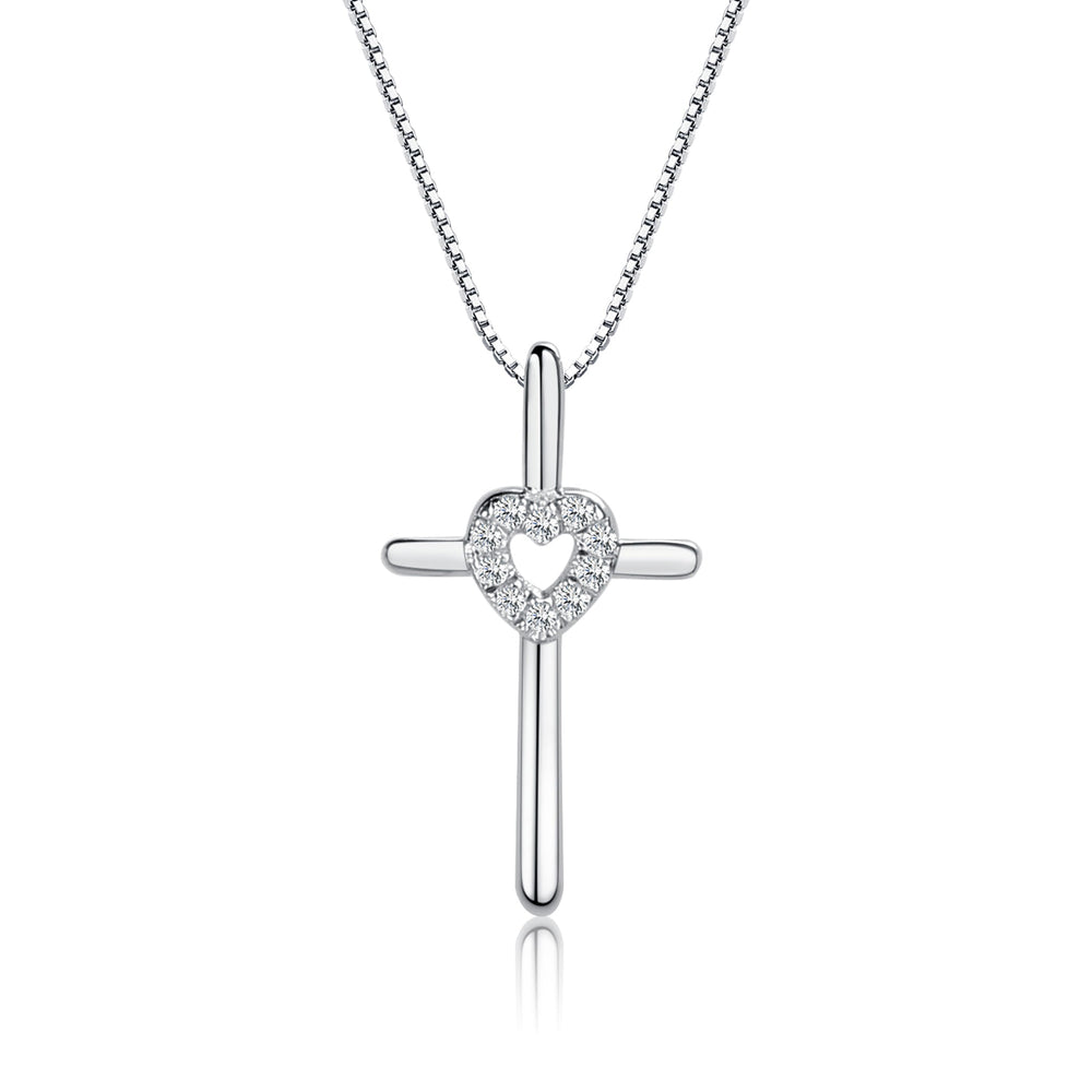 Sterling Silver Children's Cross Necklace with CZ Heart