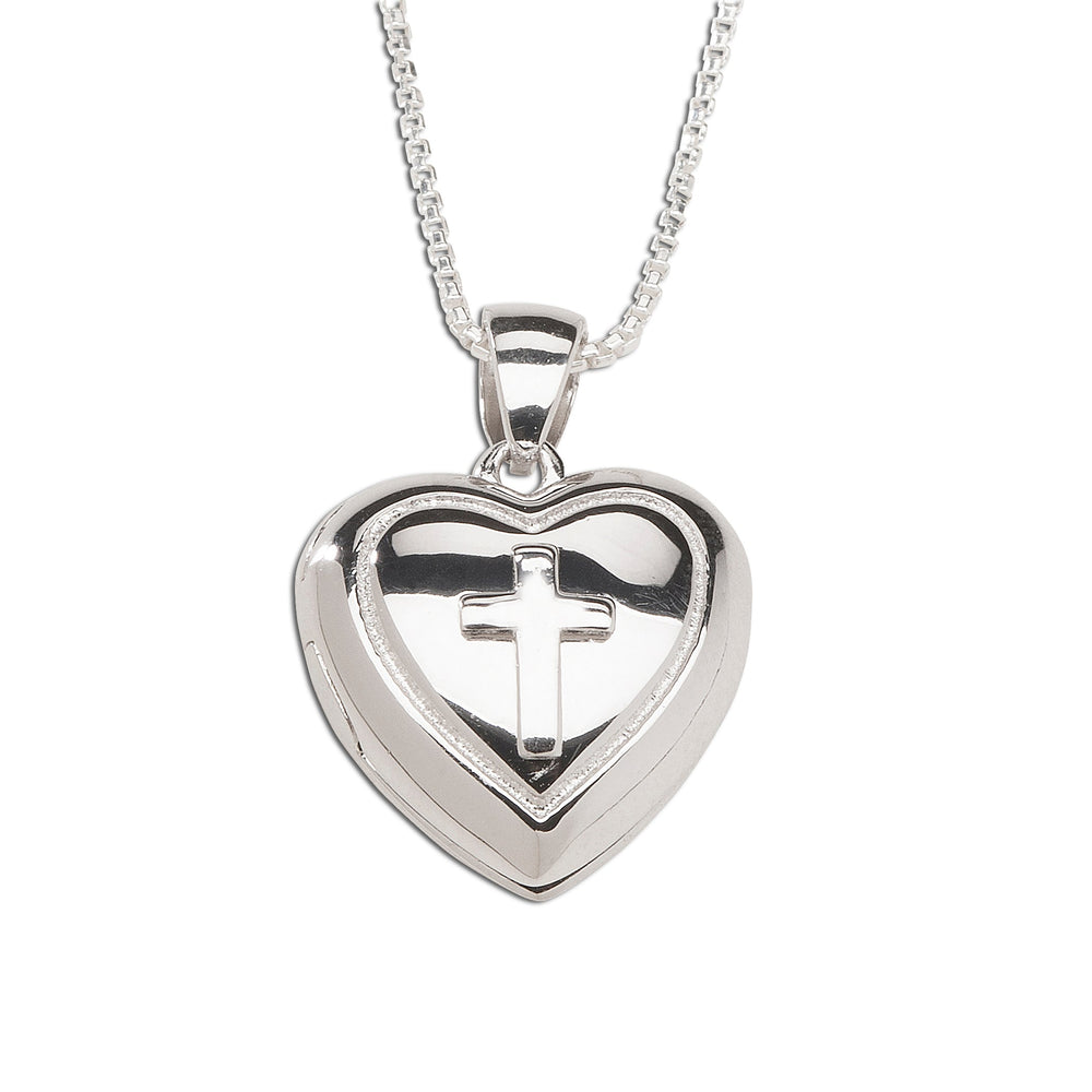 Children's sterling silver heart locket with cross