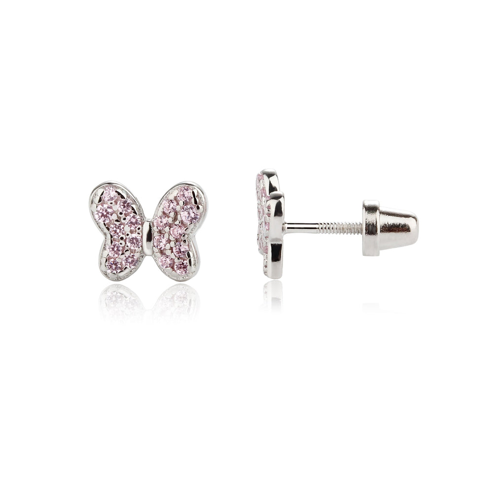 Sterling Silver Kid's Pink Butterfly Earrings with CZs