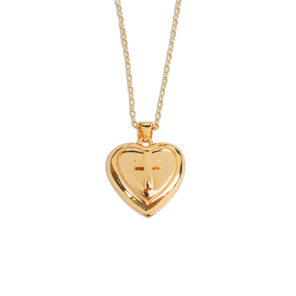 14K Gold Plated Children's Heart Locket with Cross First Communion Gift