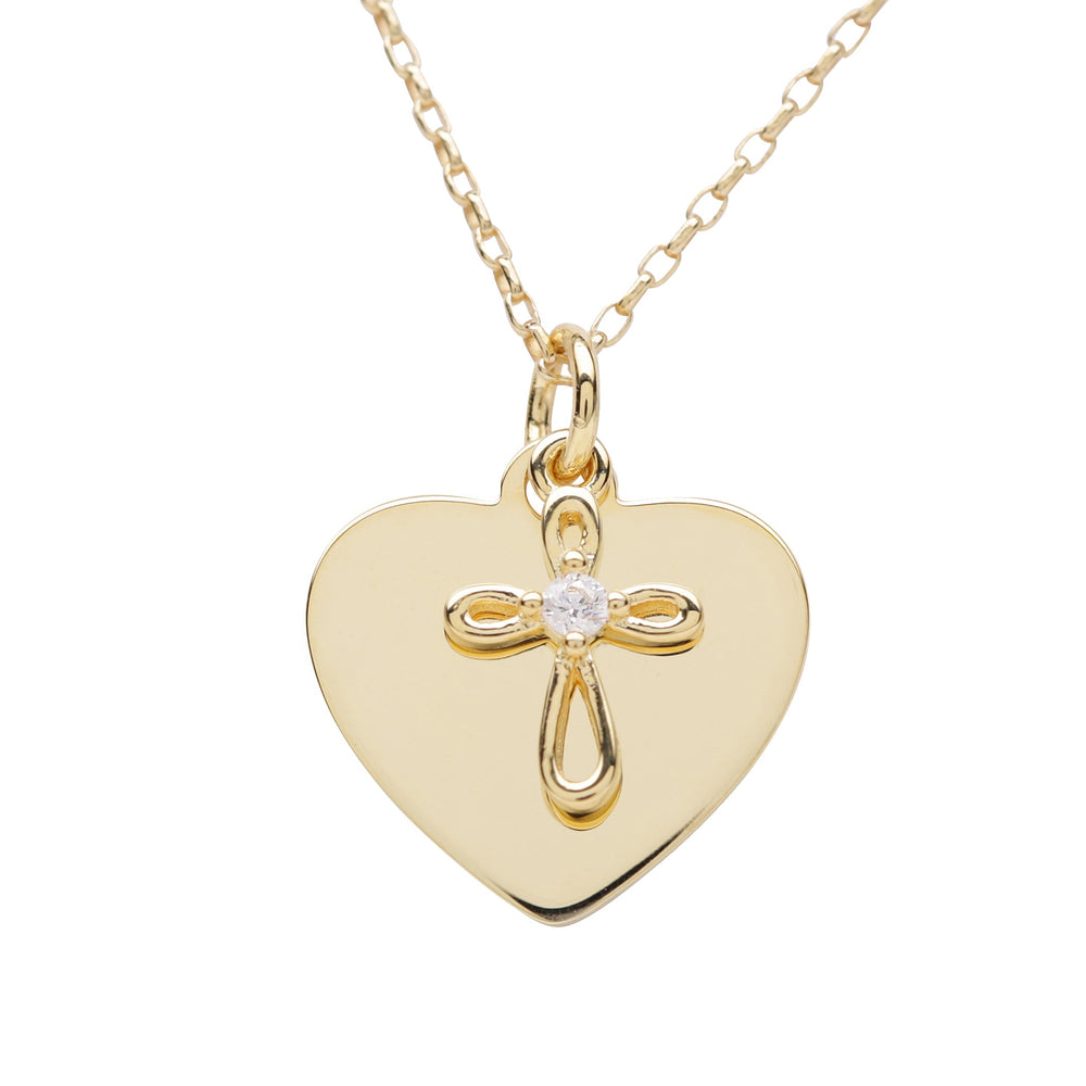 14K Gold-Plated Engraved Heart w/Cross Necklace for Kids