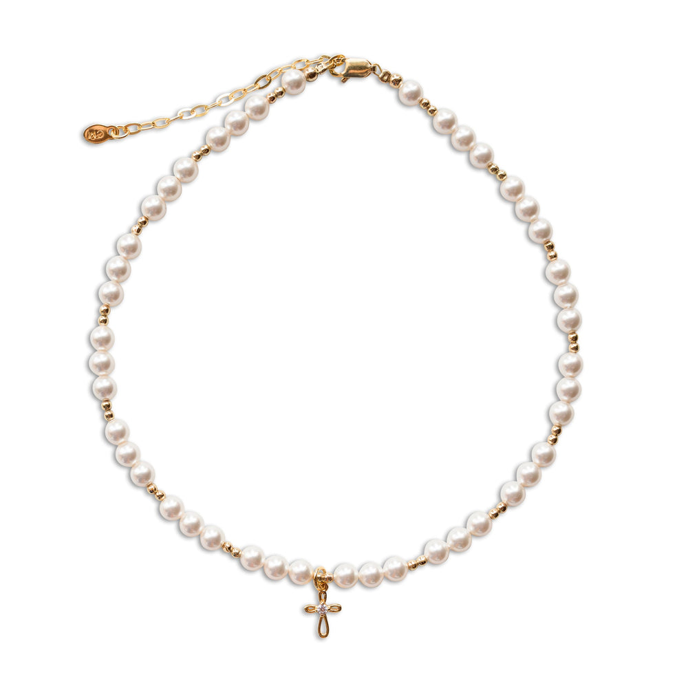 GPBN-Mae-14K Gold-Plated Pearl Cross Necklace for Children