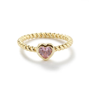 14K Gold-Plated Rope Ring with Pink CZ Heart for Girls