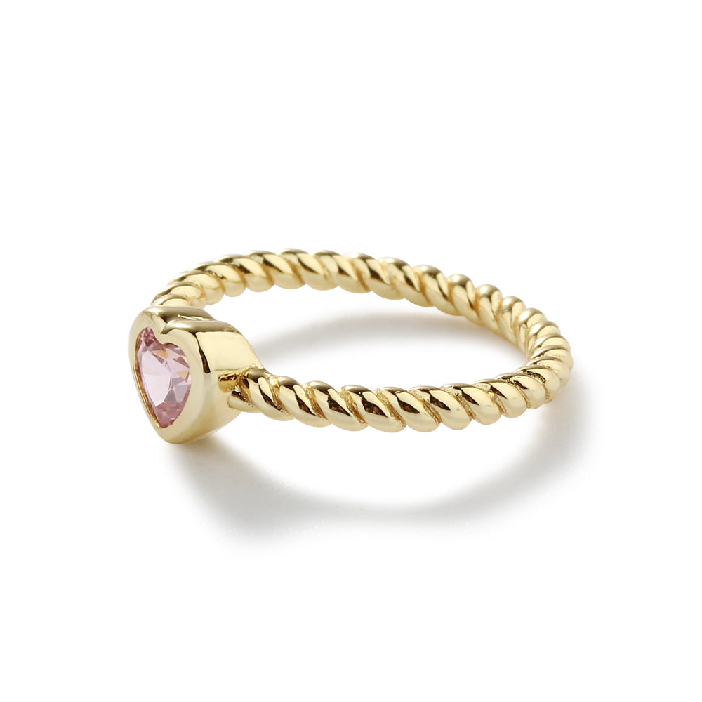 14K Gold-Plated Rope Ring with Pink CZ Heart for Girls