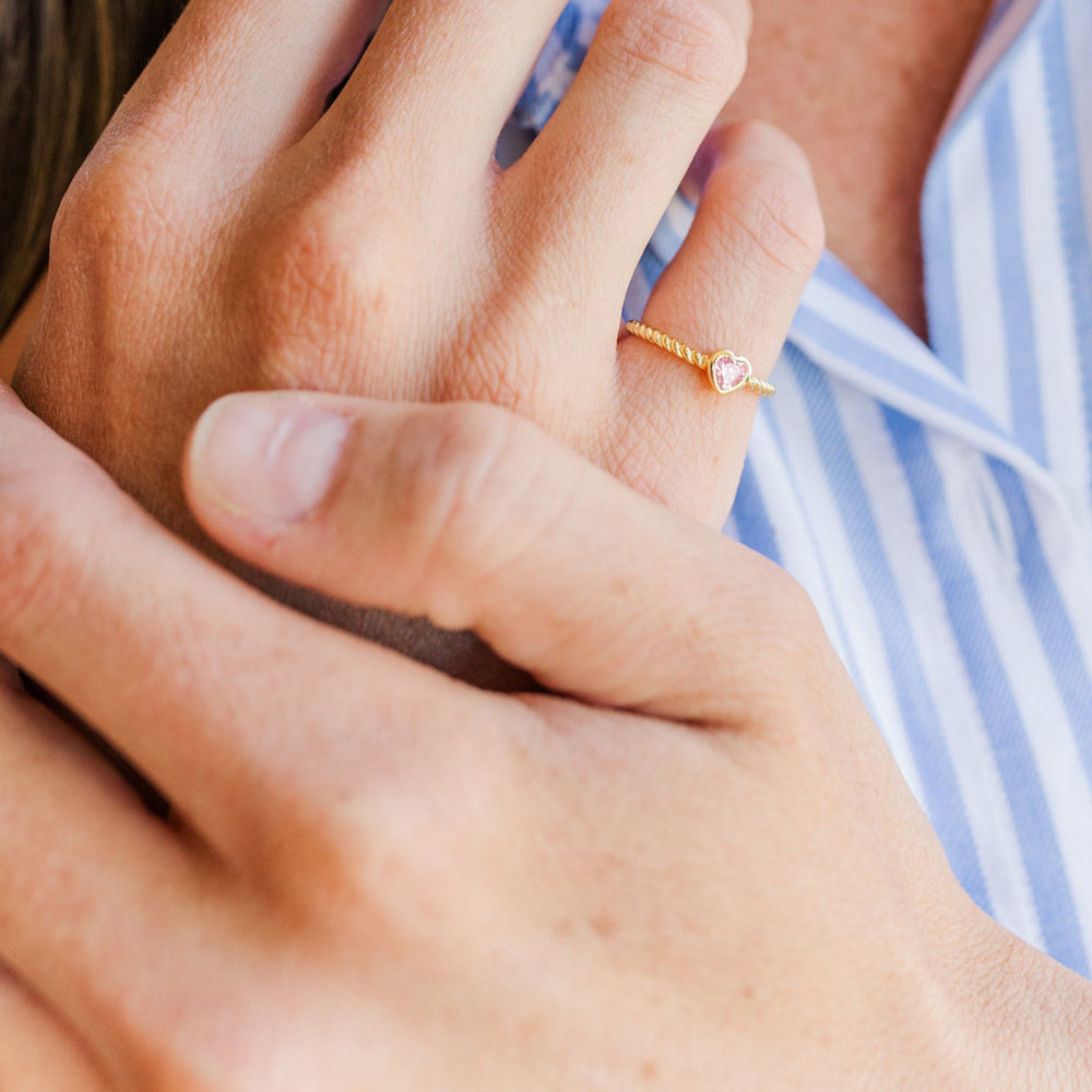 14K Gold-Plated Rope Ring with Pink CZ Heart for Girls