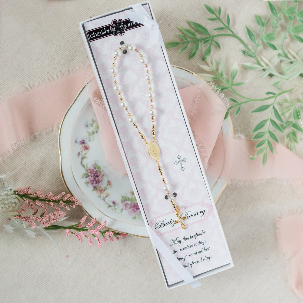 14K Gold-Plated White Baby Rosary Baptism Gift