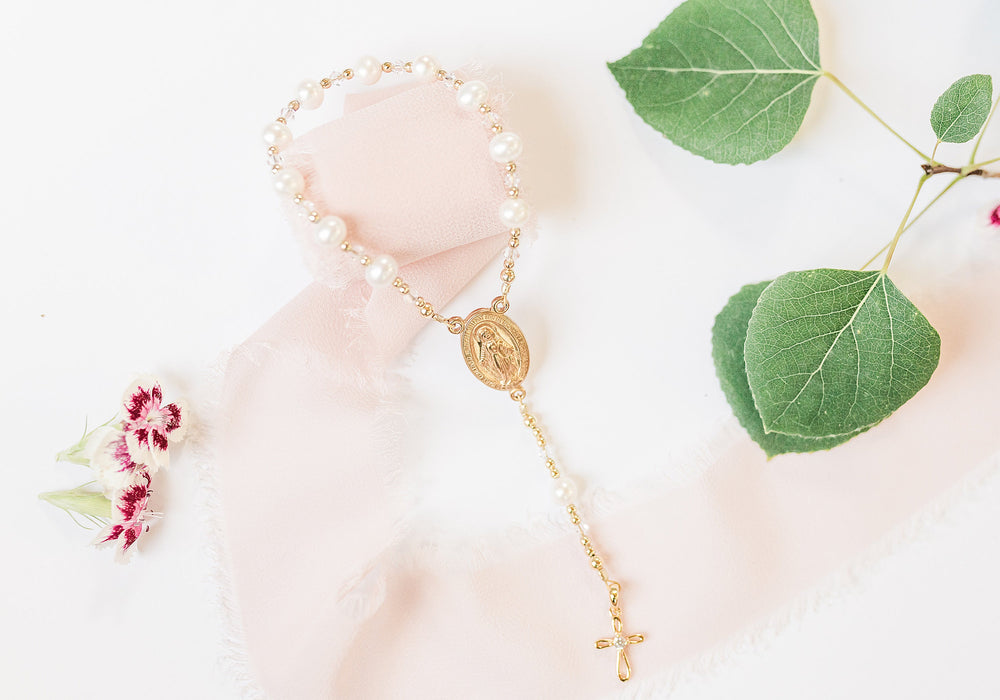 14K Gold-Plated White Baby Rosary Baptism Gift