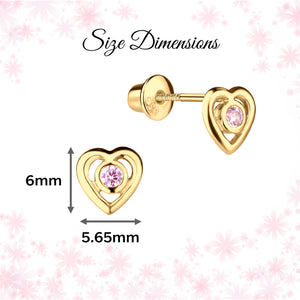 14K Gold-Plated Girls Heart CZ Earrings (Pink)