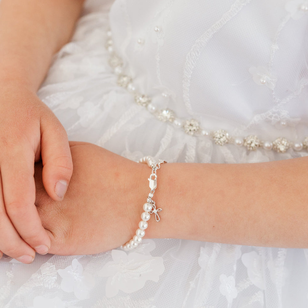 Lacey - White Pearl Bracelet with Infinity Cross Charm