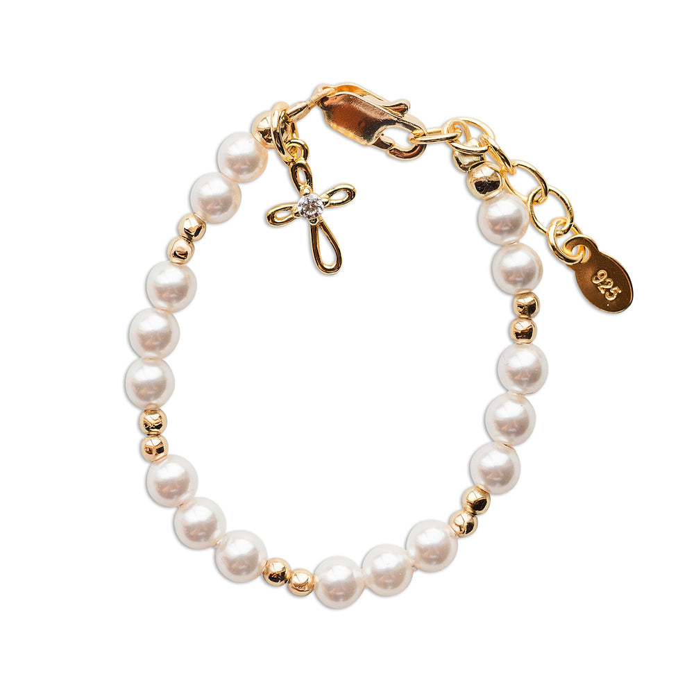 Mae-14K Gold-Plated Pearl Bracelet with Cross for Baptism or First Communion