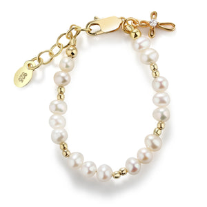 Mae-14K Gold-Plated Pearl Bracelet with Cross for Baptism or First Communion