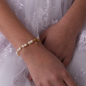 Mae-14K Gold-Plated Pearl Bracelet with Cross for Baptism or First Communion