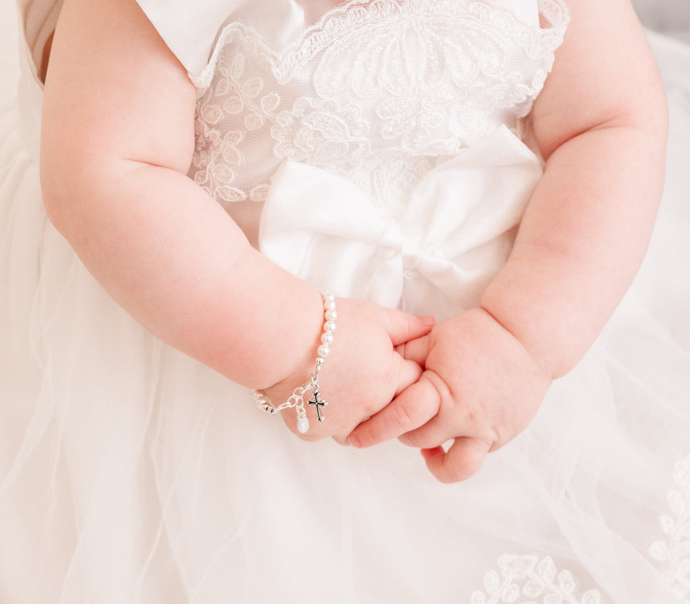 Olivia - Pearl Bracelet with Scrolled Cross for Baptism or Communion Gift