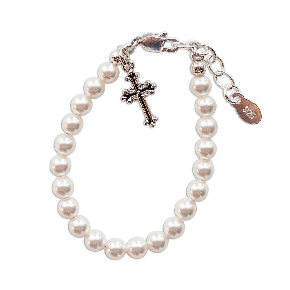 Olivia - Pearl Bracelet with Scrolled Cross for Baptism or Communion Gift