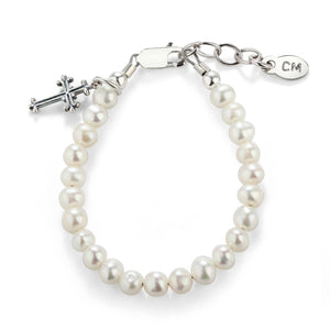 Olivia - Pearl Bracelet with Scrolled Cross for Baptism or Communion Gift