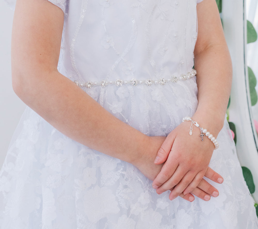 Olivia - Pearl Bracelet with Scrolled Cross for Baptism or Communion Gift