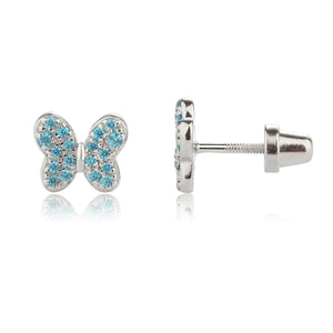 Sterling Silver Kid's Aqua Butterfly Earrings with CZs