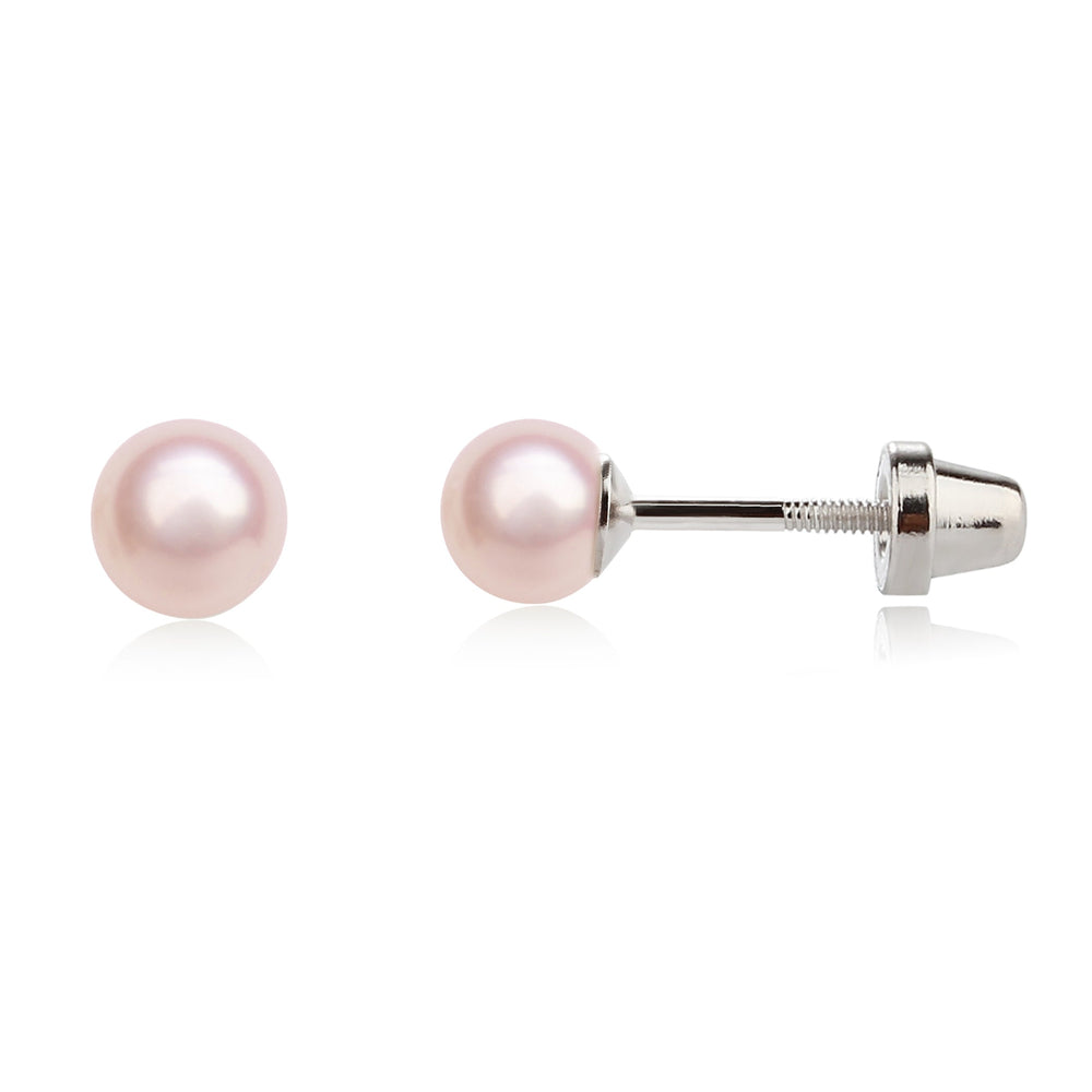 Sterling Silver Child's Pink High-End Simulated Pearl Screw Back Earrings