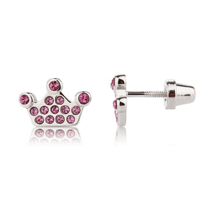 Sterling Silver Pink Princess Tiara Pave Earrings with Screw Backs