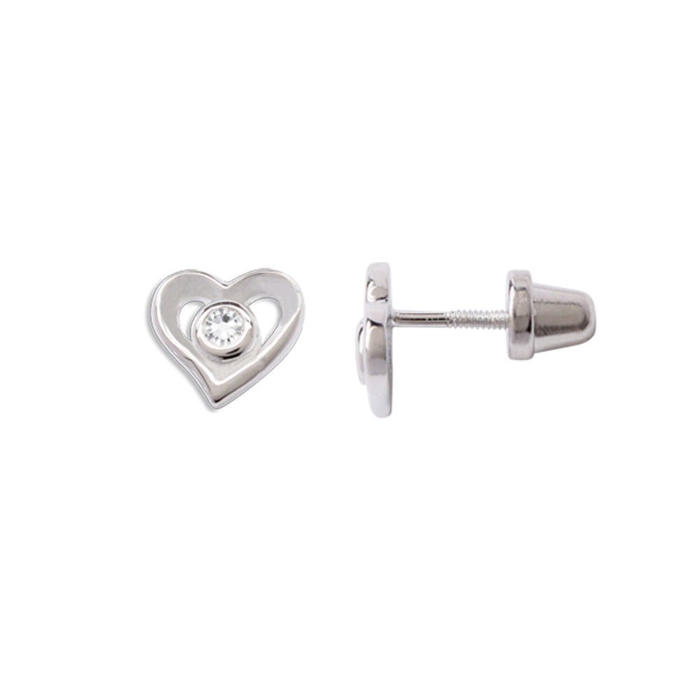 Sterling Silver Kid's Heart Earrings with Clear CZs and Screw Backs