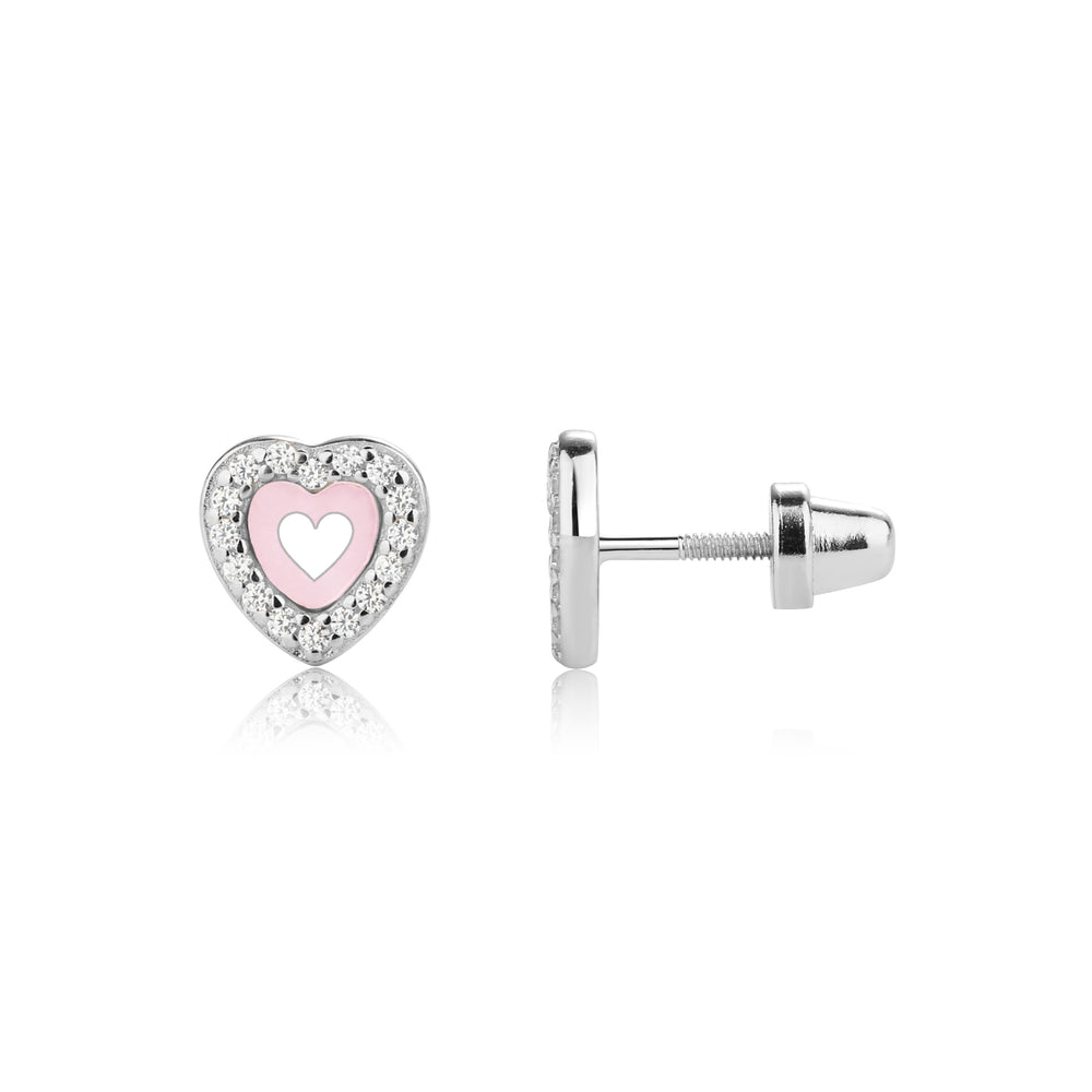 Sterling Silver Pink Heart Earrings with Screw Backs