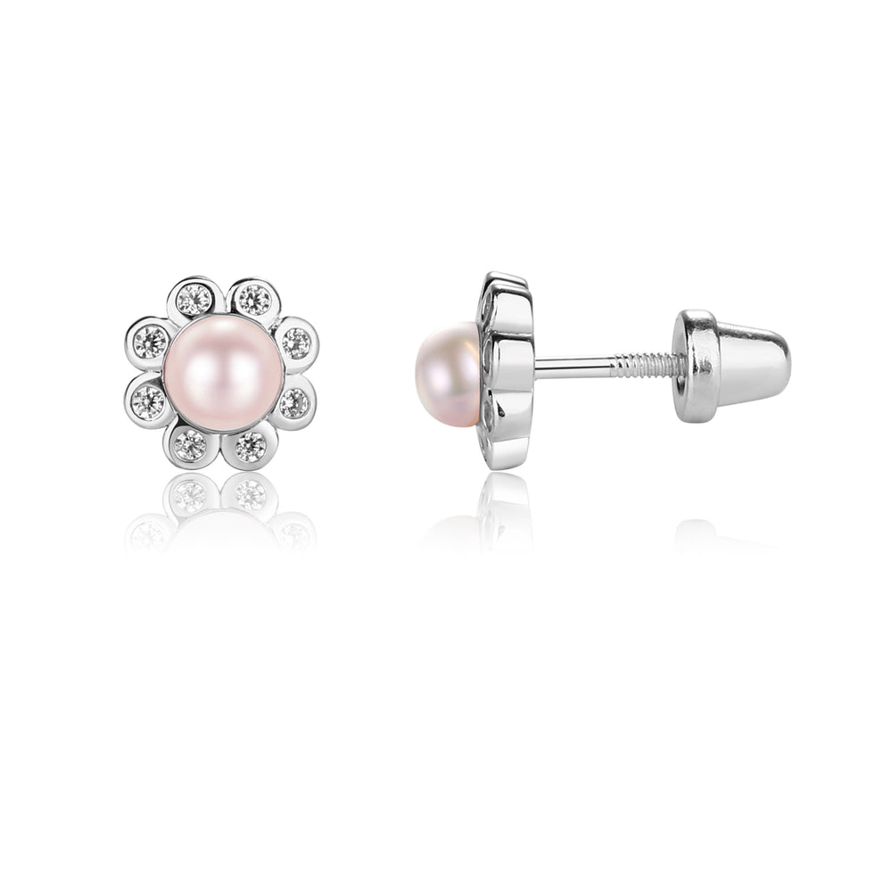 Sterling Silver Child's Pink Pearl Button Earrings