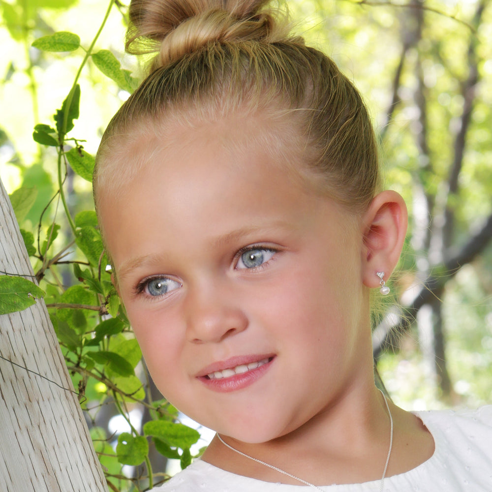 Sterling Silver Children's Heart w/Dangling Pearl Earrings