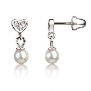 Sterling Silver Children's Heart w/Dangling Pearl Earrings