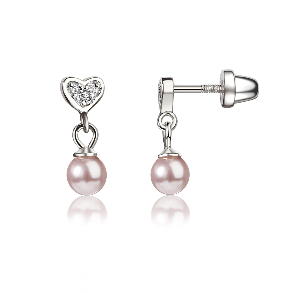 Sterling Silver Children's Heart w/Dangling Pink Pearl Earrings