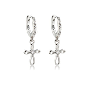 Sterling Silver Huggie Hoop Earrings with Cross for Kids 10mm