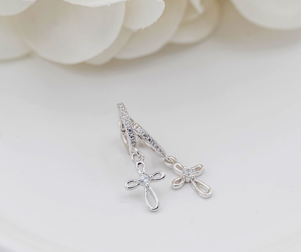 Sterling Silver Huggie Hoop Earrings with Cross for Kids 10mm