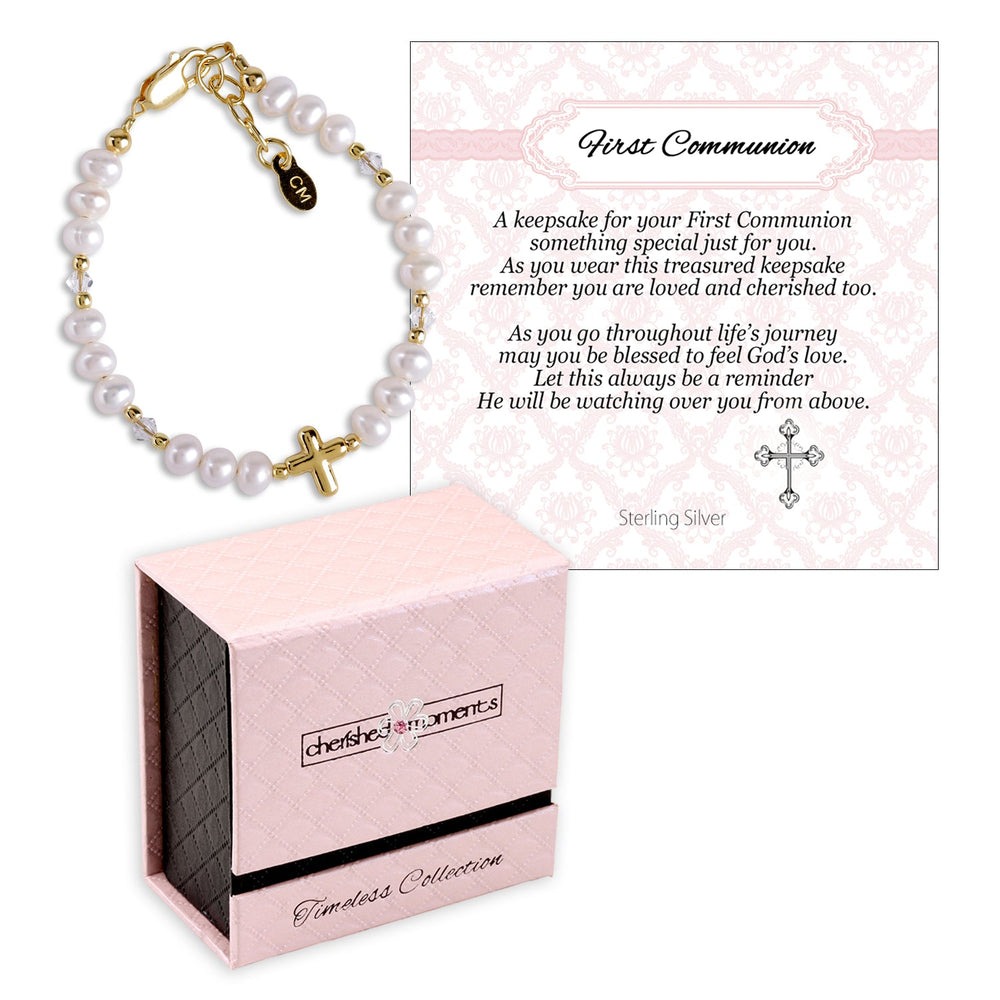 TC-FCB-Eve - 14K Gold-Plated Pearl Cross Bracelet First Communion Gift for Girls